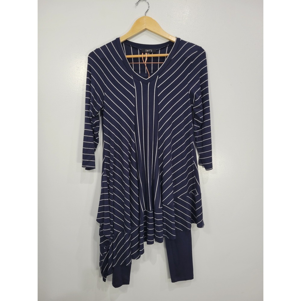 Comfy USA Navy Blue Striped Tunic Legging Set Womens Small USA Made Lagenlook